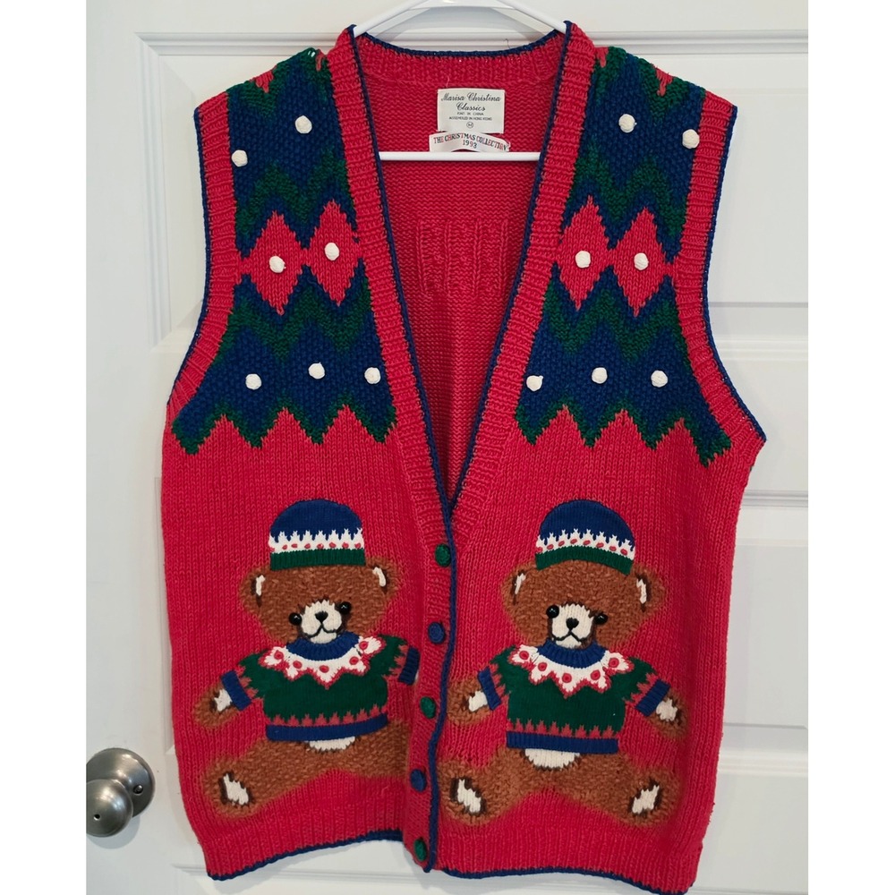 Marisa Christina Vintage 1993 Christmas Bear Sweater Vest Womens Medium Red Knit
